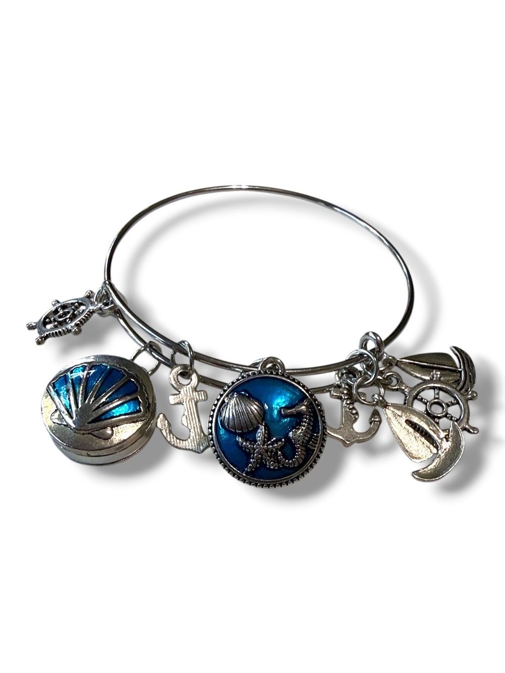 Silver Nautical Charm Bangle Bracelet with Blue Shell Accents
